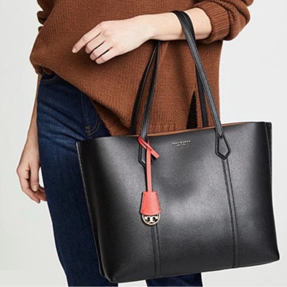 Tory Burch Large Perry Triple Compartment Tote in Black Leather